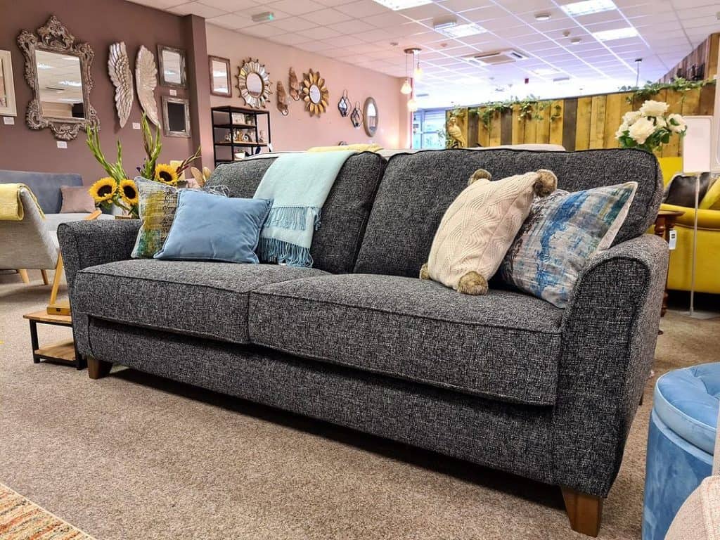 Gray sofa with blue pillows sale