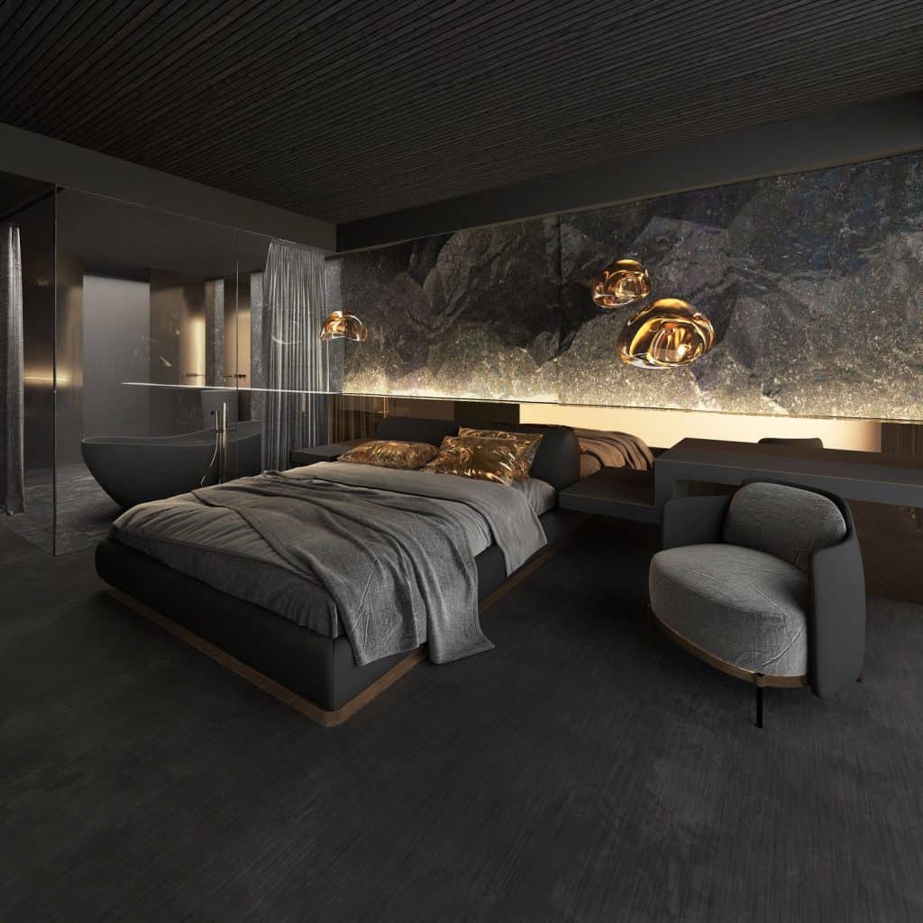 Contemporary_Black_Bedroom_with_Chic_Gol_