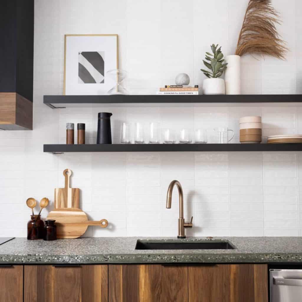 kitchen with floating shelves