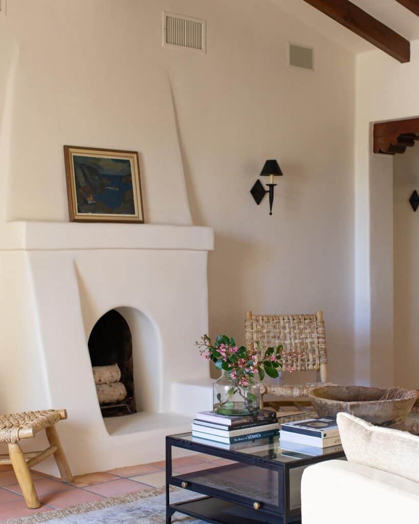 white stucco fireplace